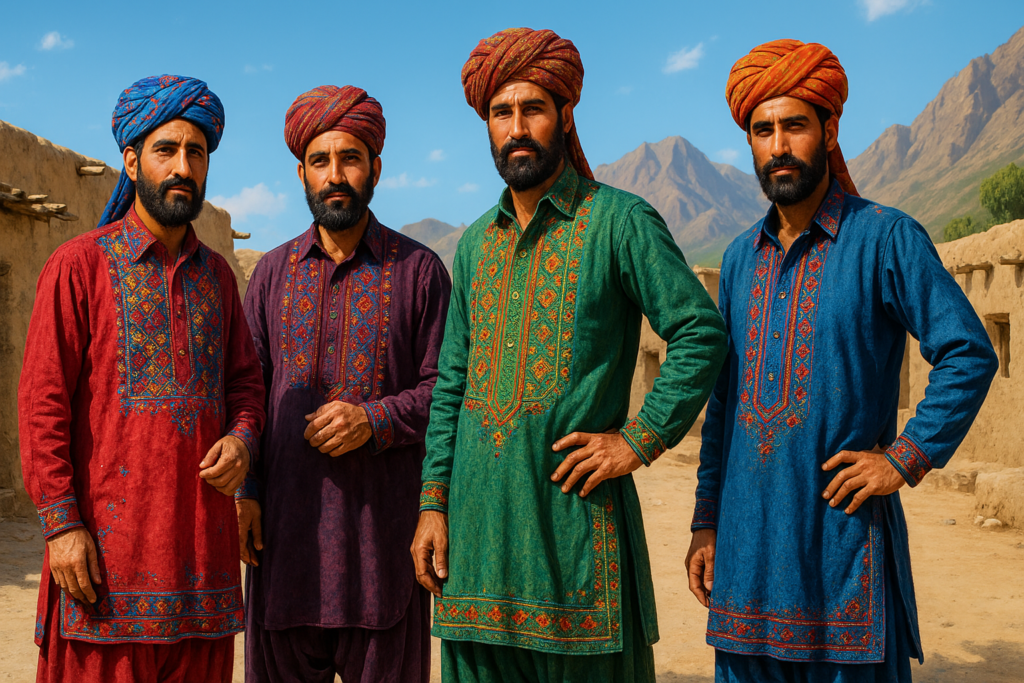Traditional Balochi men wearing colorful embroidered attire in a cultural village setting
